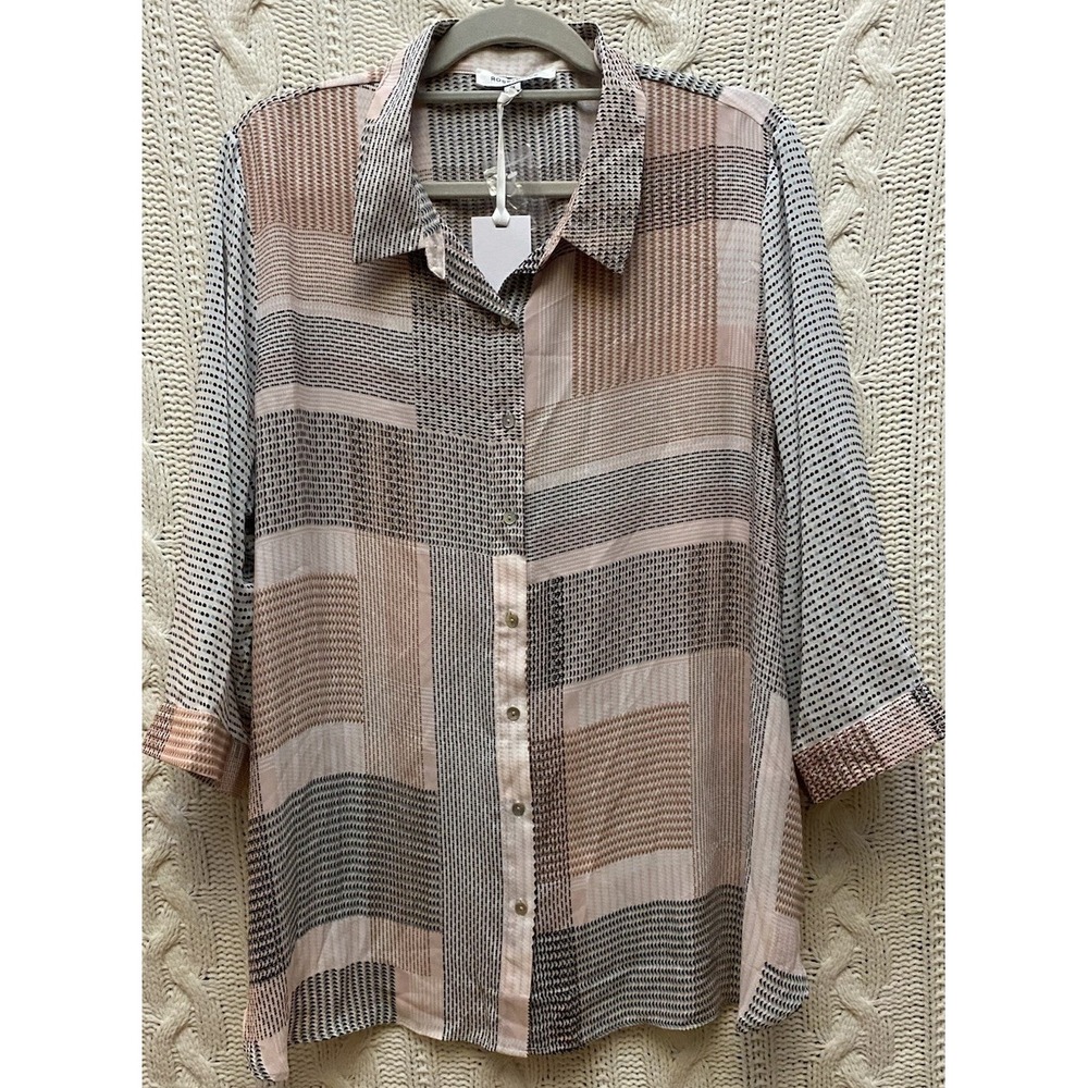 Rose + Olive NWT Tunic Top‎ Womens 2X Pink Patchwork Button Up  Retro Flowy Boho